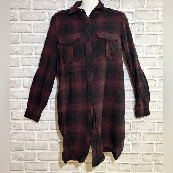 Wilfred Tops - Wilfred Free cozy plaid extra long button down, purple and black- extra small​